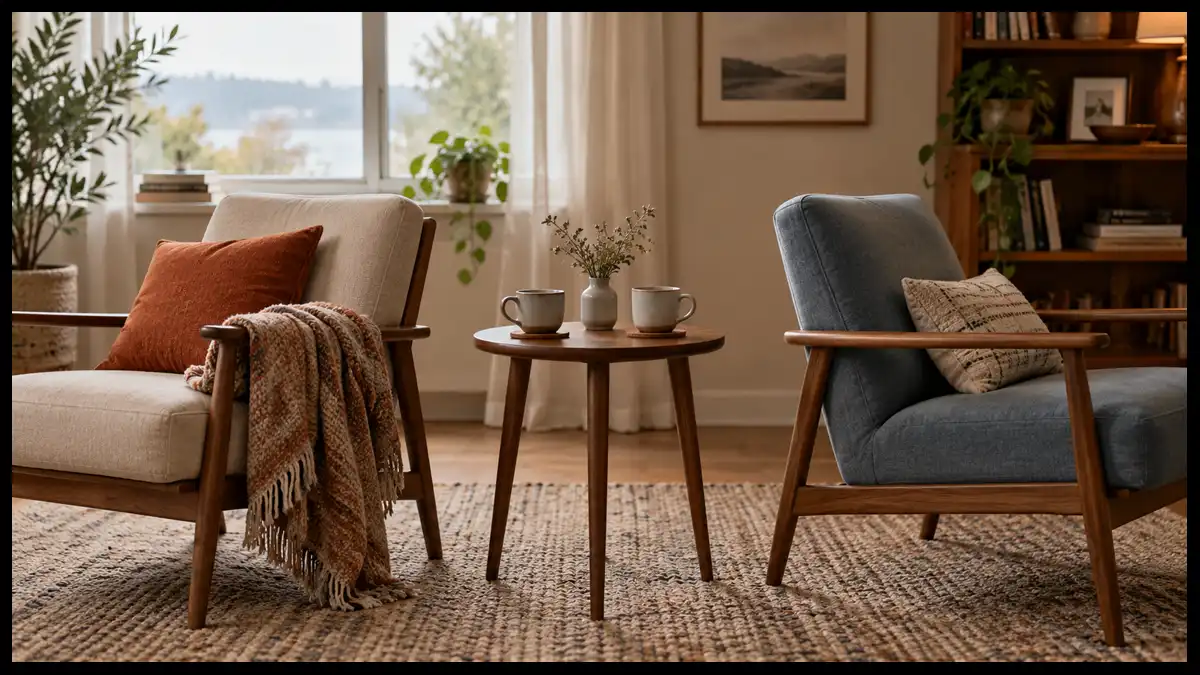 Two empty armchairs separated by a table with untouched cups, symbolizing distance and an unfinished conversation.