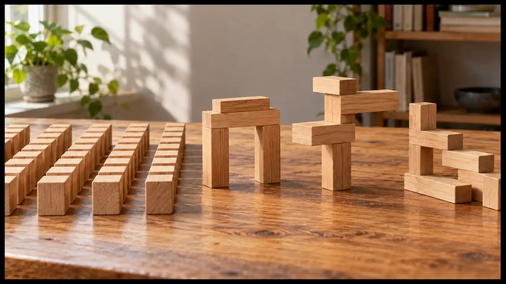 Wooden blocks arranged in uniform rows beside three different constructions on a sunlit table.