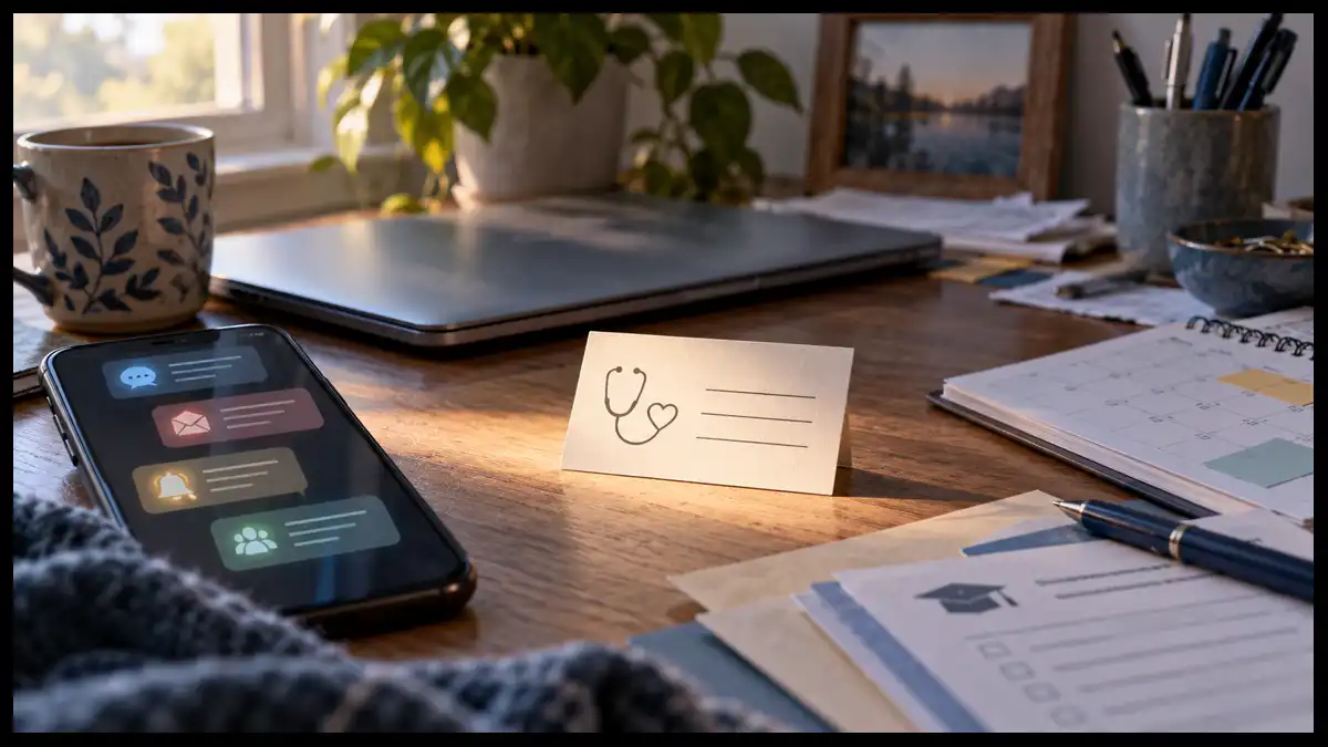 An illuminated medical appointment card sits among a smartphone, calendar, laptop, and competing morning tasks.