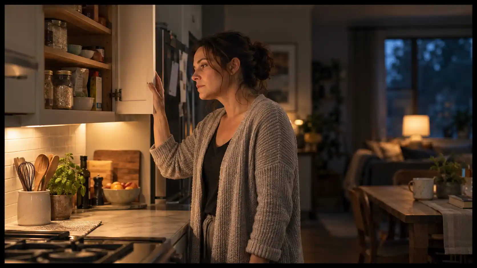 A woman pauses at an open kitchen cupboard, looking thoughtfully inside in the warm evening light.
