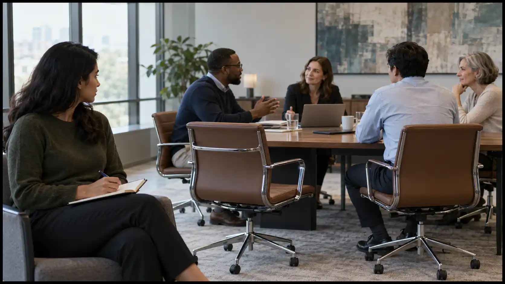 A woman holding a notebook sits apart from a workplace discussion, with an empty chair between her and the group.