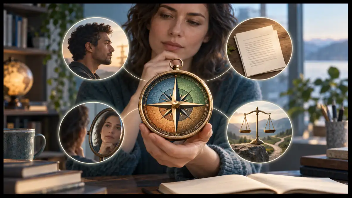 A thoughtful woman holds a compass surrounded by symbols representing the source, claim, self, and stakes involved in evaluating information.