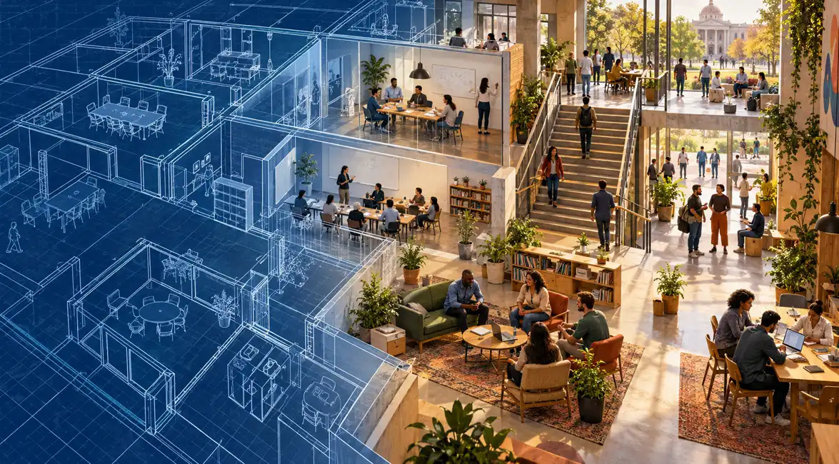 An architectural blueprint transitions into an active social space where people work, meet, and interact.
