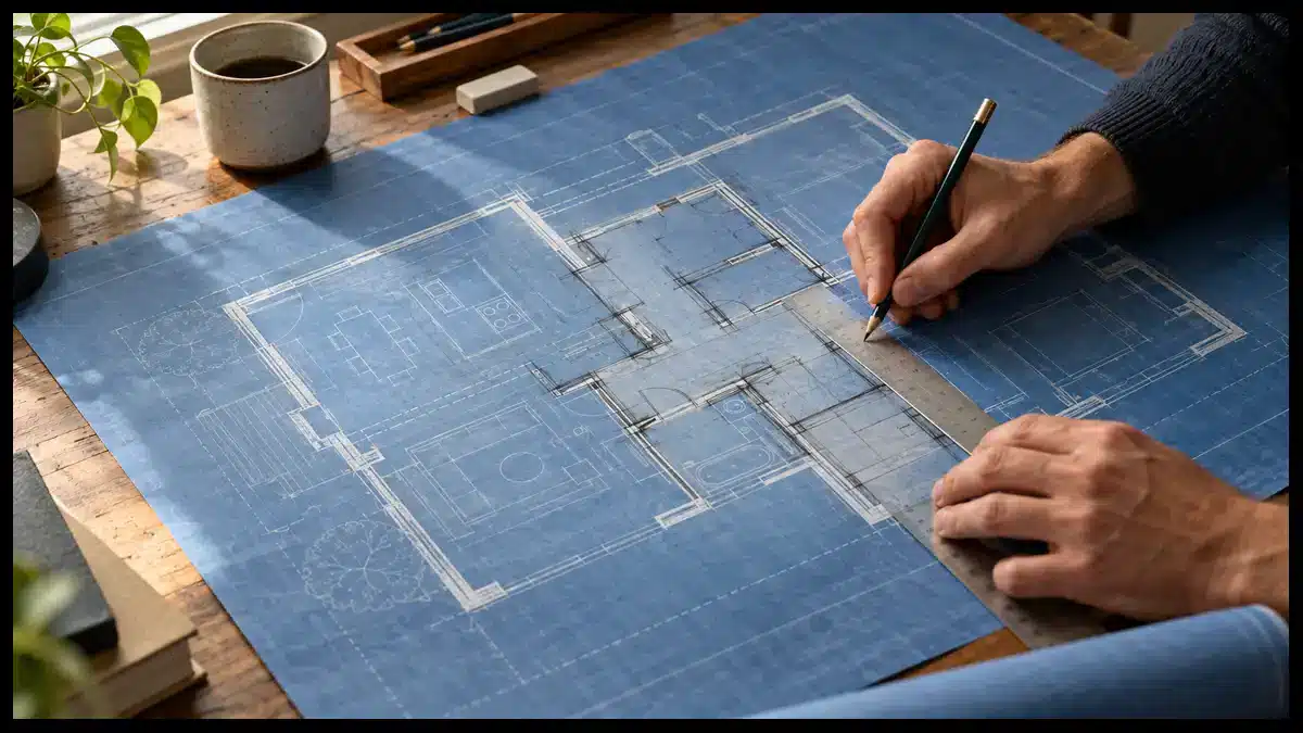 Hands use a pencil and ruler to revise an architectural floor plan on blue drafting paper.