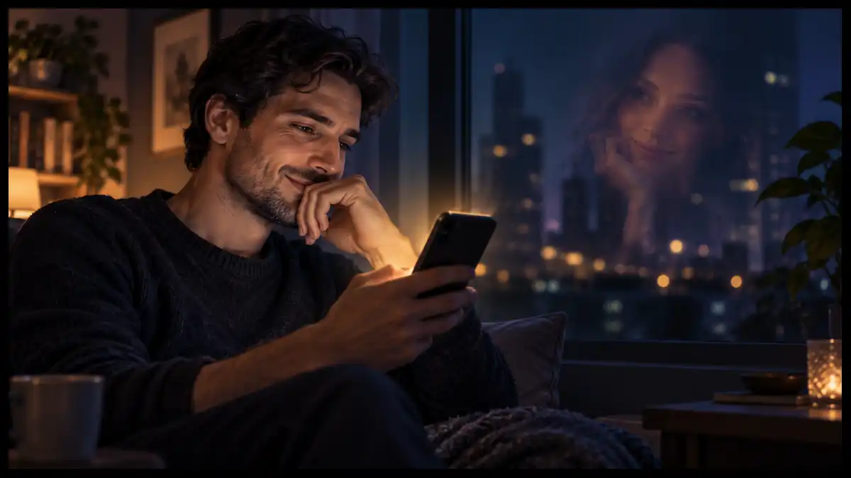 A reflective man sits at a computer while a more expressive version of himself passes through the glowing screen into a digital environment.