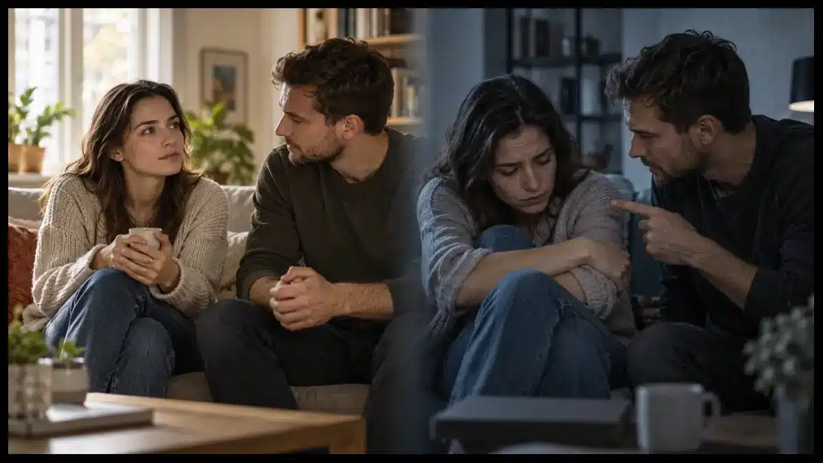 Split scene contrasting attentive emotional support with intrusive and controlling emotional pressure.