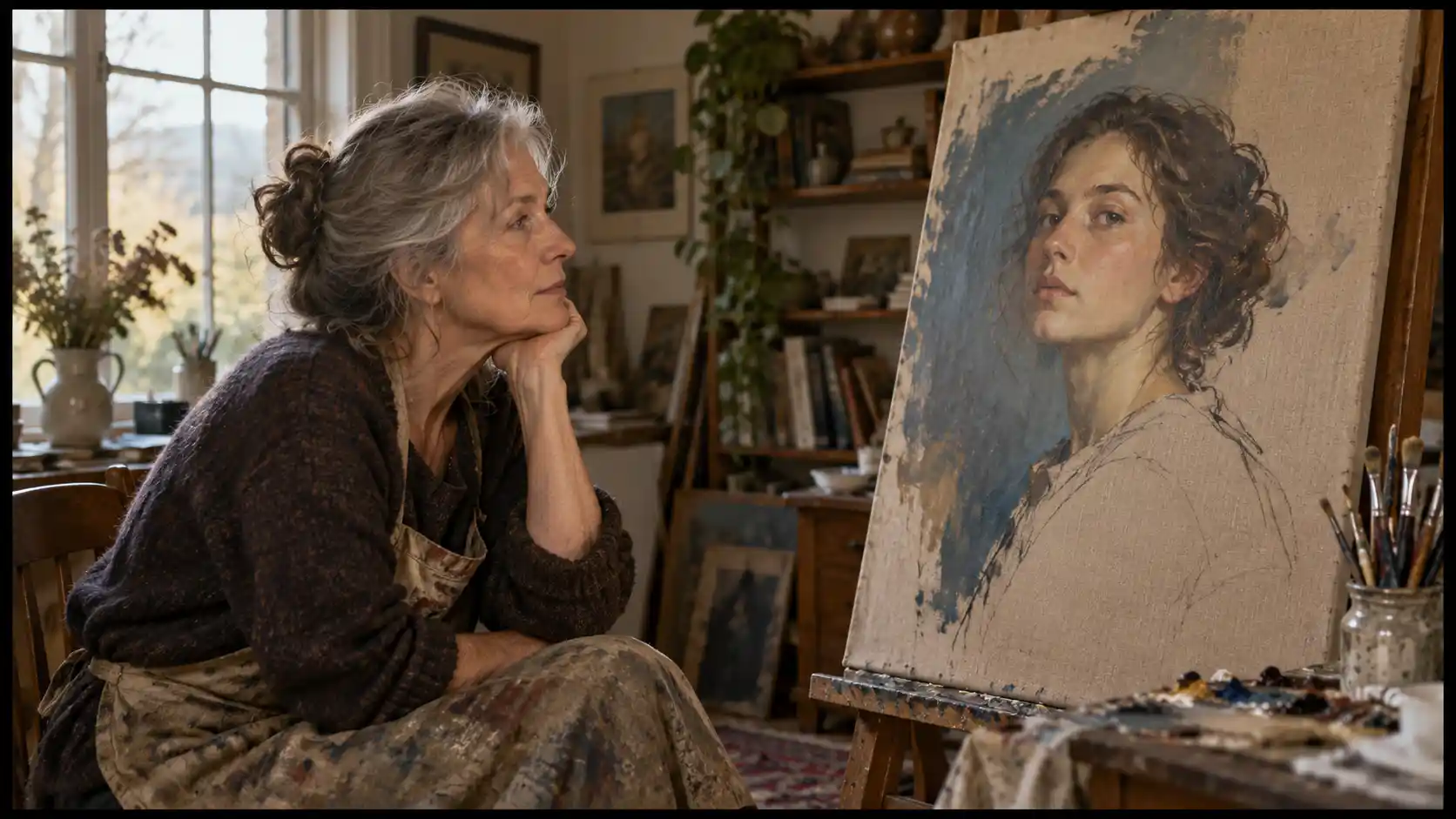 An older woman studies an unfinished painted portrait of her younger self in a softly lit home studio.