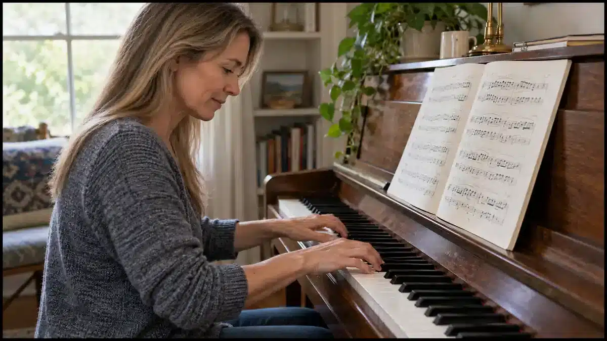 A woman with long, dirty-blonde hair practices an upright piano beside a sunlit window.
