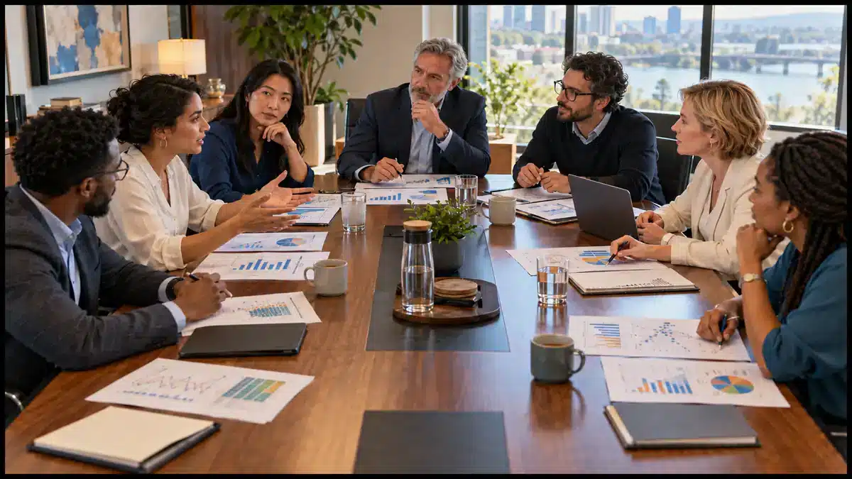 Seven colleagues discuss printed graphs and data sheets around a large wooden boardroom table.