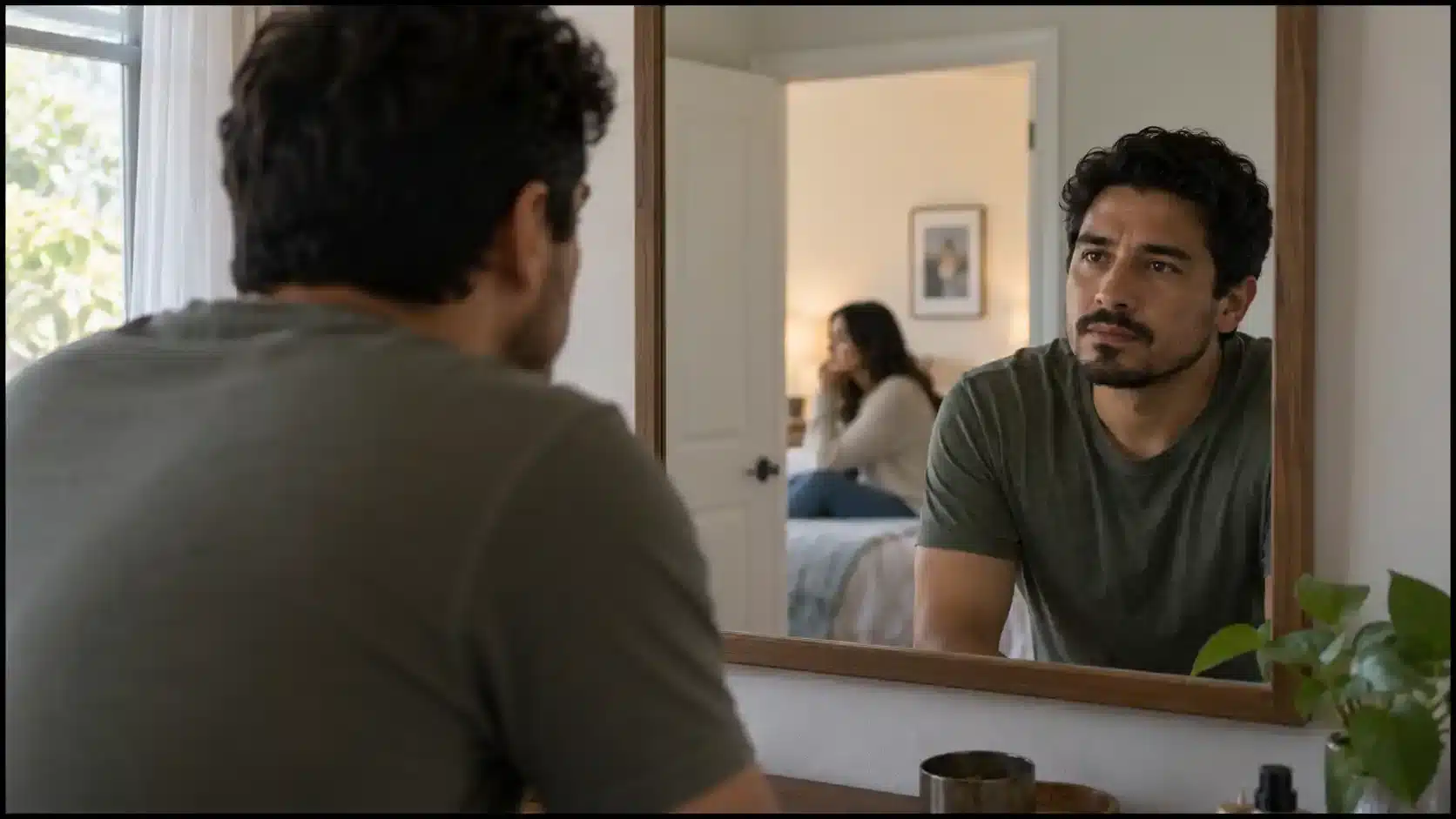 A man studies his reflection in a mirror while his partner sits softly out of focus in the reflected background.