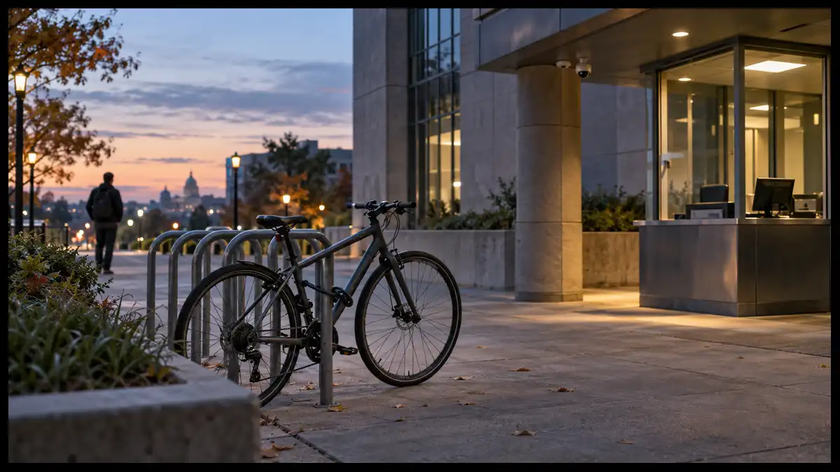 A bicycle outside a public building, with a distant person and an unattended security desk forming the three conditions of routine activity theory.