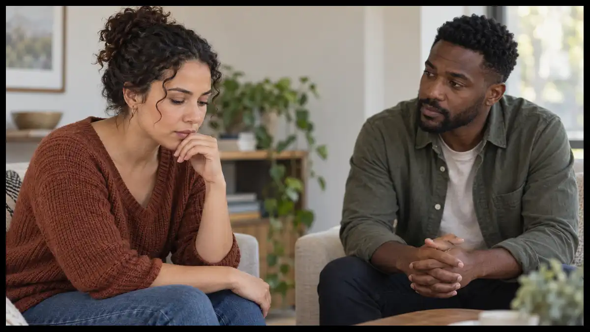 Two adults pause during a difficult conversation as one reflects before responding.