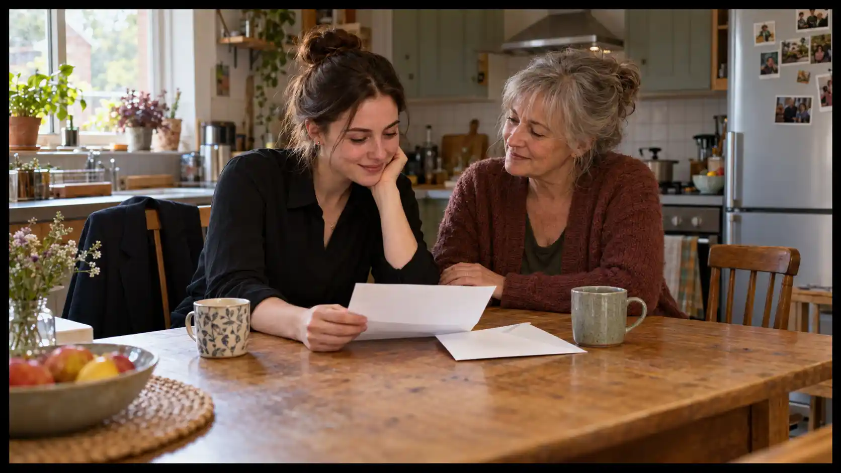 A young woman reads a letter beside an older woman at a wooden kitchen table, framed by a black border.