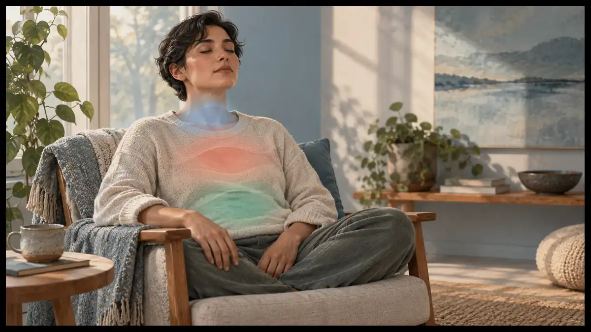A seated person calmly notices subtle sensations represented by gentle colors around the throat, chest, and abdomen.