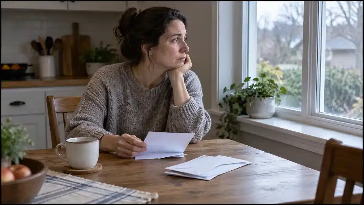 A woman sits at a kitchen table holding a letter, gazing out the window beside unopened envelopes and a cup of coffee.