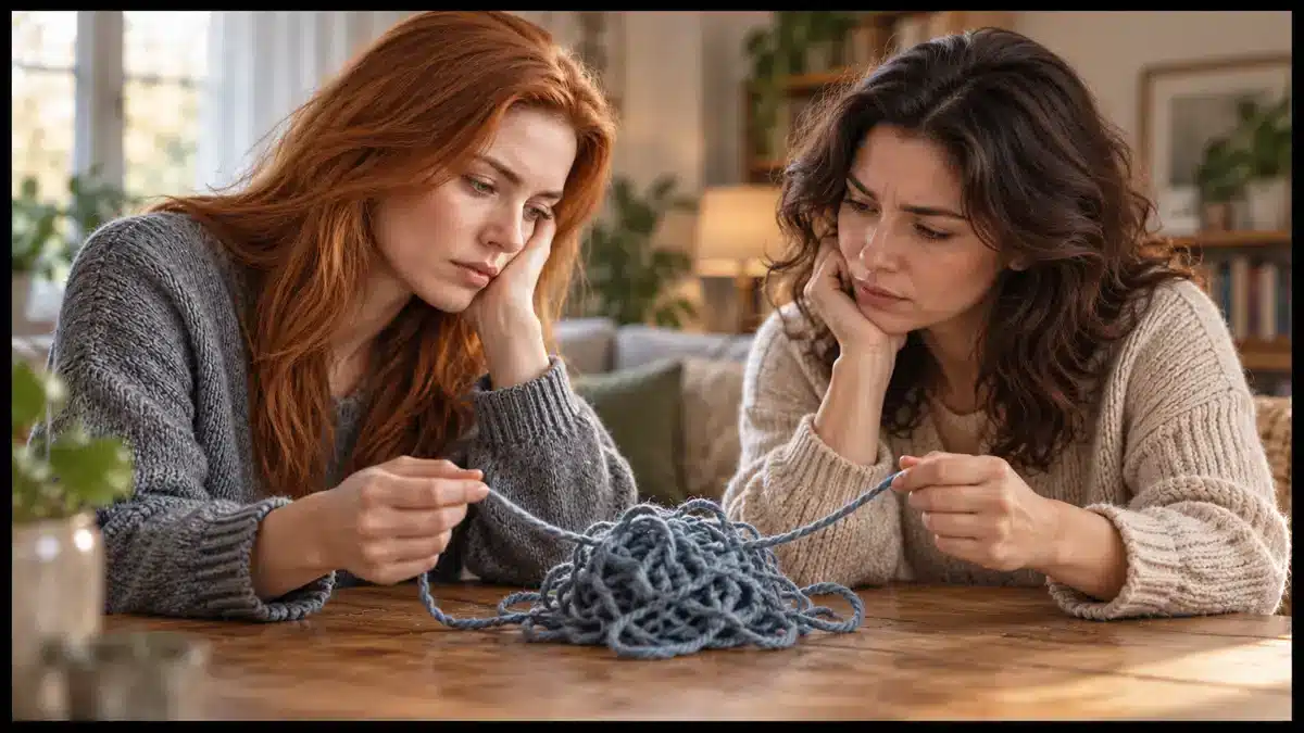 Two concerned friends hold opposite ends of tangled blue yarn on a wooden table.